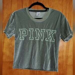 Green Victorias Secret PINK Logo Velvet Short Sleeve Shirt Size XS